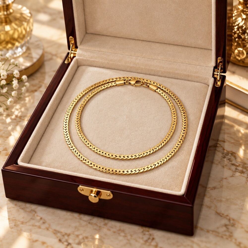 Vintage Gold Filled 925 - 1/20 12K Flat Woven Herringbone Wheat Chain Necklace